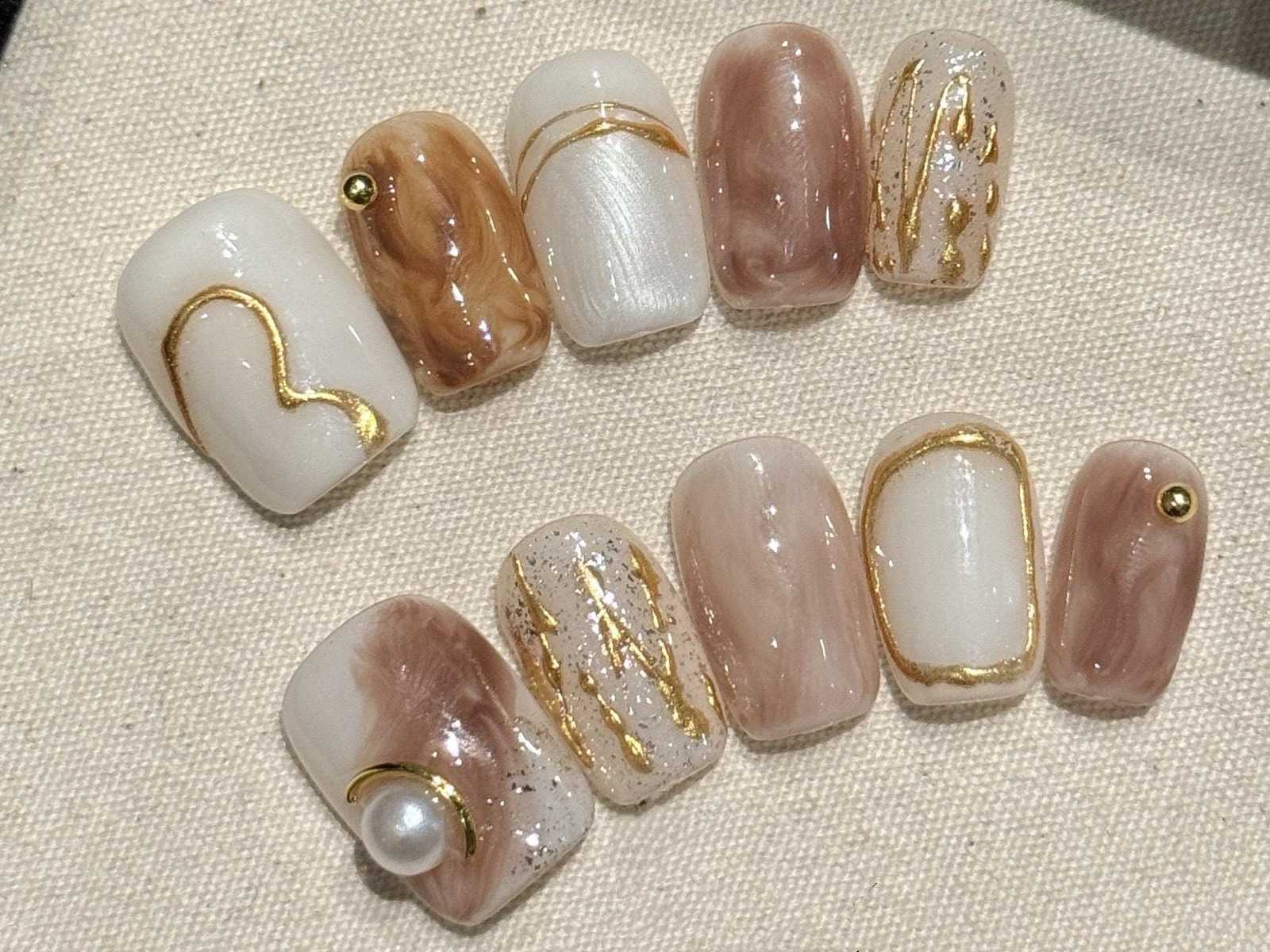 Elegant Mocha Swirl Press On Nails with Gold Accents and Pearl Charm Man... - $23.99