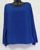 Calvin Klein Blue Black Stripe Ladies Blouse Tab Sleeves Large Polyester Spandex - £13.92 GBP