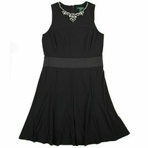 RALPH LAUREN Black Stretch Jersey Jeweled Neck Satin Waist Fit Flare Dress 10 - £63.86 GBP