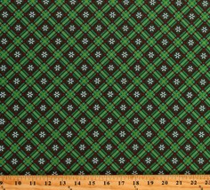 Cotton Christmas Snowflakes Red Green Plaid on Green Fabric Print BTY D403.28 - £10.35 GBP