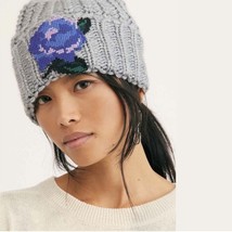 FREE PEOPLE Everything Rosy Blush Beanie Wool Blend Cross Stitch Grey Hat - $25.00