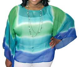 Chicos Women Blue Green Sheer Striped Pullover Dolman Sleeve Top Blouse ... - $47.88