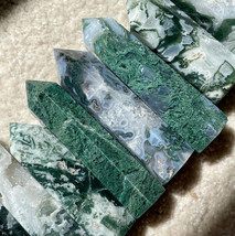 Natural Moss Agate Healing Crystal Point Wands Obelisk Chakra Tower Home Decor - £19.46 GBP