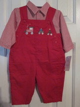 Nwt - Petit Ami Boy&#39;s Size 3M Train Design Long Sleeve Red Overall 2-PC Set - £20.43 GBP