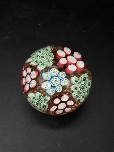 Gold Copper Glitter Murano Art Glass Millefiori Flowers Paperweight Italy - $89.09