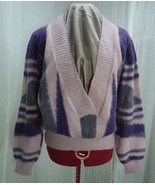 s236 Vintage 80&#39;s Mohair Hand Knit Purple Stripe Deep V Neck Sweater Size L - £42.81 GBP