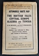 Antique Automobile Route Map British Isles Linen Central Europe Algeria Tunisia - £96.94 GBP