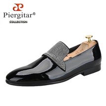 Black Patent Leather Men&#39;s Loafers With Handmade Sliver Rhinestones Luxury Brand - £221.21 GBP