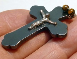 Metal Crucifix Cross Hematite Pendant vintage Italy 2" - $33.06