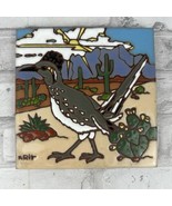 Earthtones Southwestern 6&quot; Tile Desert Roadrunner Cactus Vtg 1990 Signed - £16.80 GBP