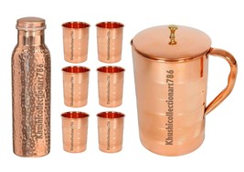 Pure Copper Hammered Bottle Water Pitcher Jug 6 Drinking Tumbler Glass S... - £63.06 GBP