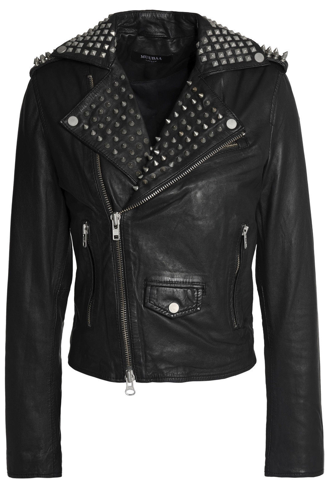 Women's Black Color Genuine Leather Full Silver Spike Studded Slim Fit Jacket