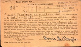 Wwi War Department Notice Of CLASSIFICATION-ROCHESTER, Ny Local Draft Board BK35 - £6.23 GBP