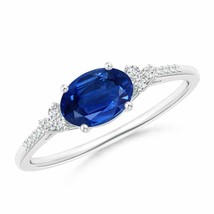 ANGARA Horizontally Set Oval Sapphire Solitaire Ring with Trio Diamond Accents - £1,606.97 GBP
