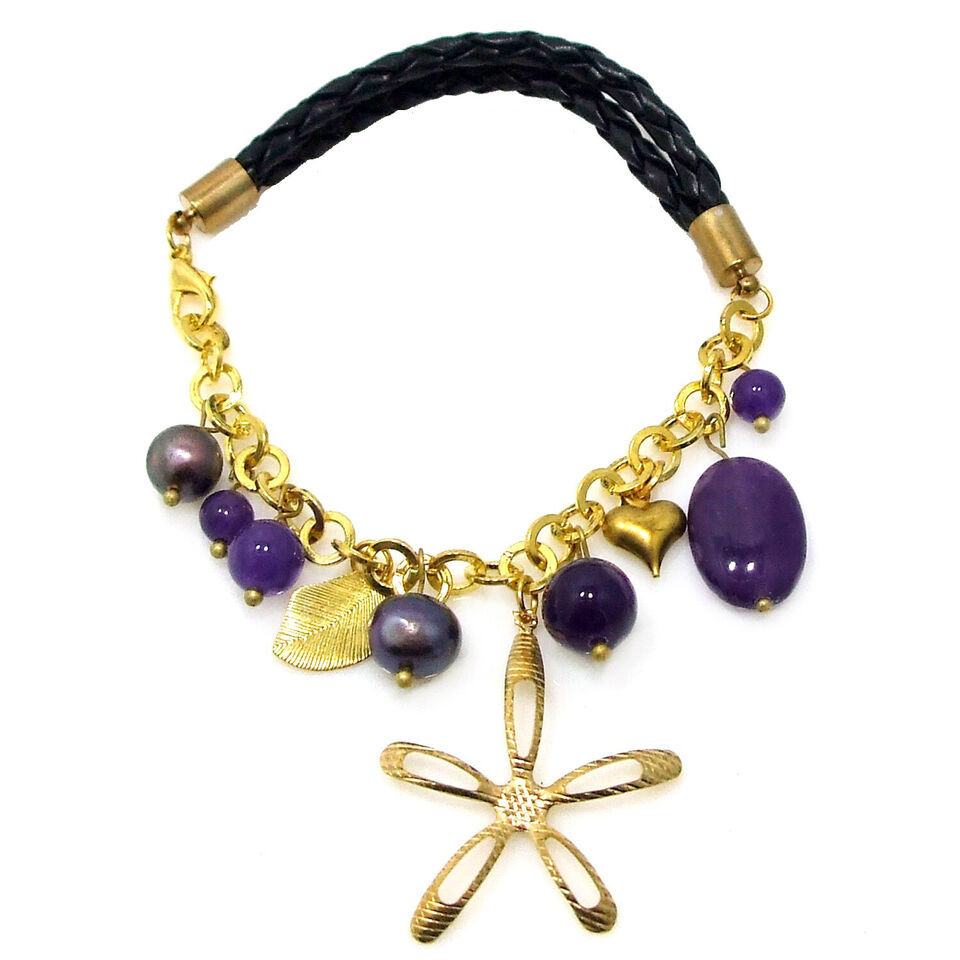 Shining Brass Star w/ Purple Amethyst & Pearls on Braided Leatherette Bracelet - $10.39
