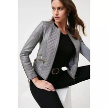 Gris Hecho a Mano Cuero Piel de Cordero Elegante Casual Nueva Mujer Chaq... - $2,350.50 MXN+