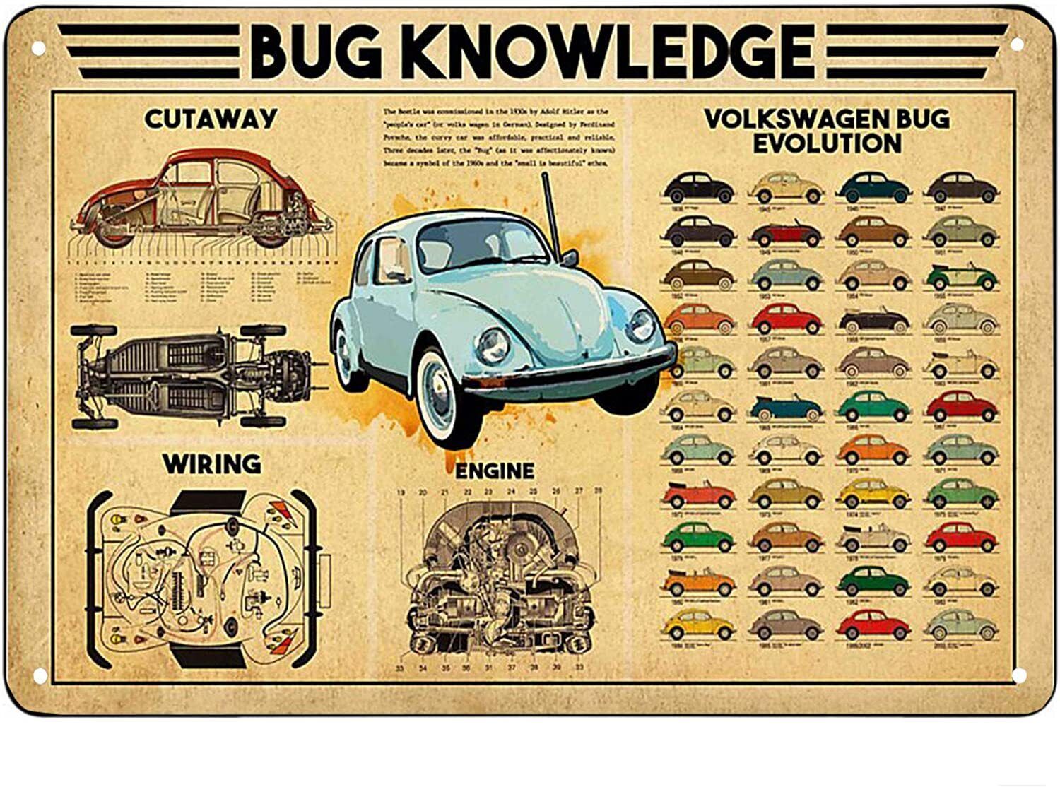 VW Bug Beetle Knowledge metal wall poster decor Retro Tin Sign Home Bar - $28.71 - $41.58