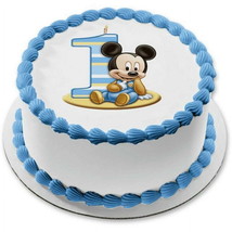 7.5&quot; Round Baby Mickey Mouse 1st Birthday Candle Edible Image Cake Toppe... - €12,91 EUR