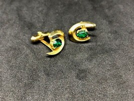 Vintage Gold Tone Crescent Moon And Green Gemstone Cuffllinks - £14.18 GBP