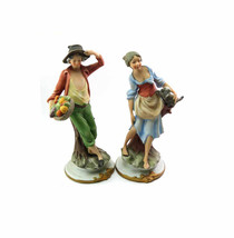 Country Life Young Man with Produce Basket &amp; Barefoot Woman with Dog Sculpted Po - £46.36 GBP