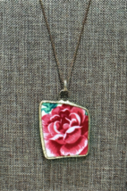 Broken Pottery China Shard Pink Rose Floral Pendant Necklace Soldered Vi... - $14.39