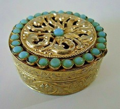 j141 V Villan Vintage Italian Pill Box Turquoise Seed Beads Filigree Gold washed - £14.29 GBP