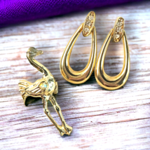 VTG Brooch Pin Earrings Set 2 Gold Tone Ostrich Bird Rhinestones Cottage... - £6.32 GBP