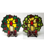 Stained Glass Candle Holder Christmas Wreaths Votive Set of 2 1970s Vintage - £18.28 GBP