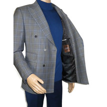 Men's Mono Double Breasted Blazer Super 180s Wool 1523-01 Gray Blue Plaid image 4