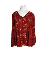 Maurices Womens Blouse Size Large Red Floral V Neck Keyhole Back Rayon - $14.85