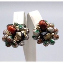Sugar Bead Autumn Earrings, Vintage Clip Ons Marked Japan, Fall Colors - £25.25 GBP