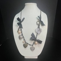 Black Ribbon Filigree Hearts Charms Vintage Funky Necklace - $11.25