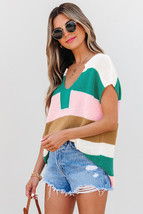 Multicolour Color Block Notch V Neck Sweater T Shirt - $265.87 MXN