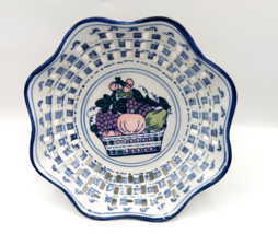 Amsel Hamburg Vintage Blue &amp; White Pottery Pierced Basket Bowl Candy Fruit Dish - £20.02 GBP