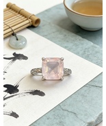 Natural Rose Quartz Princess Cut Ring 925 Silver Vintage Floral Adjustable - $42.00