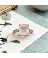Natural Rose Quartz Princess Cut Ring 925 Silver Vintage Floral Adjustable - $42.00