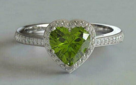 3ct Heart Cut CZ Green Peridot Wedding Ring Halo 14k White Gold Plated - £89.91 GBP