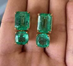 10Ct Emerald &amp; Cushion Cut Green Emerald Stud Earrings  14K White Gold Over - £73.94 GBP