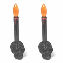 HORROR-HALL 2-Gothic Black Glitter Skull Base LED Candles Lamps Prop Decoration- - £10.29 GBP