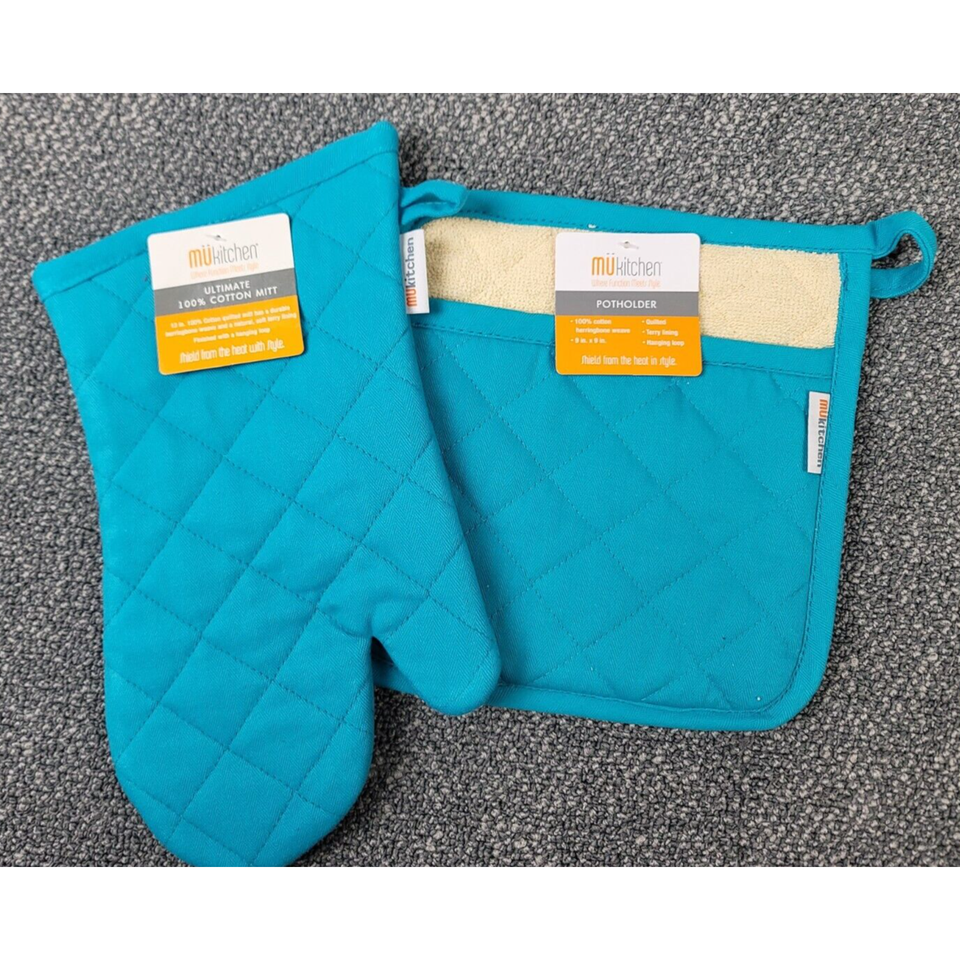MU Kitchen Oven Mitt Potholder Aquamarine 100% Cotton Terry Lined 2pc Se... - $18.97