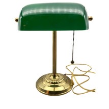 Vintage Bankers Desk Lamp with Cased Green Glass Shade and Brass Column, Elegant - £122.97 GBP