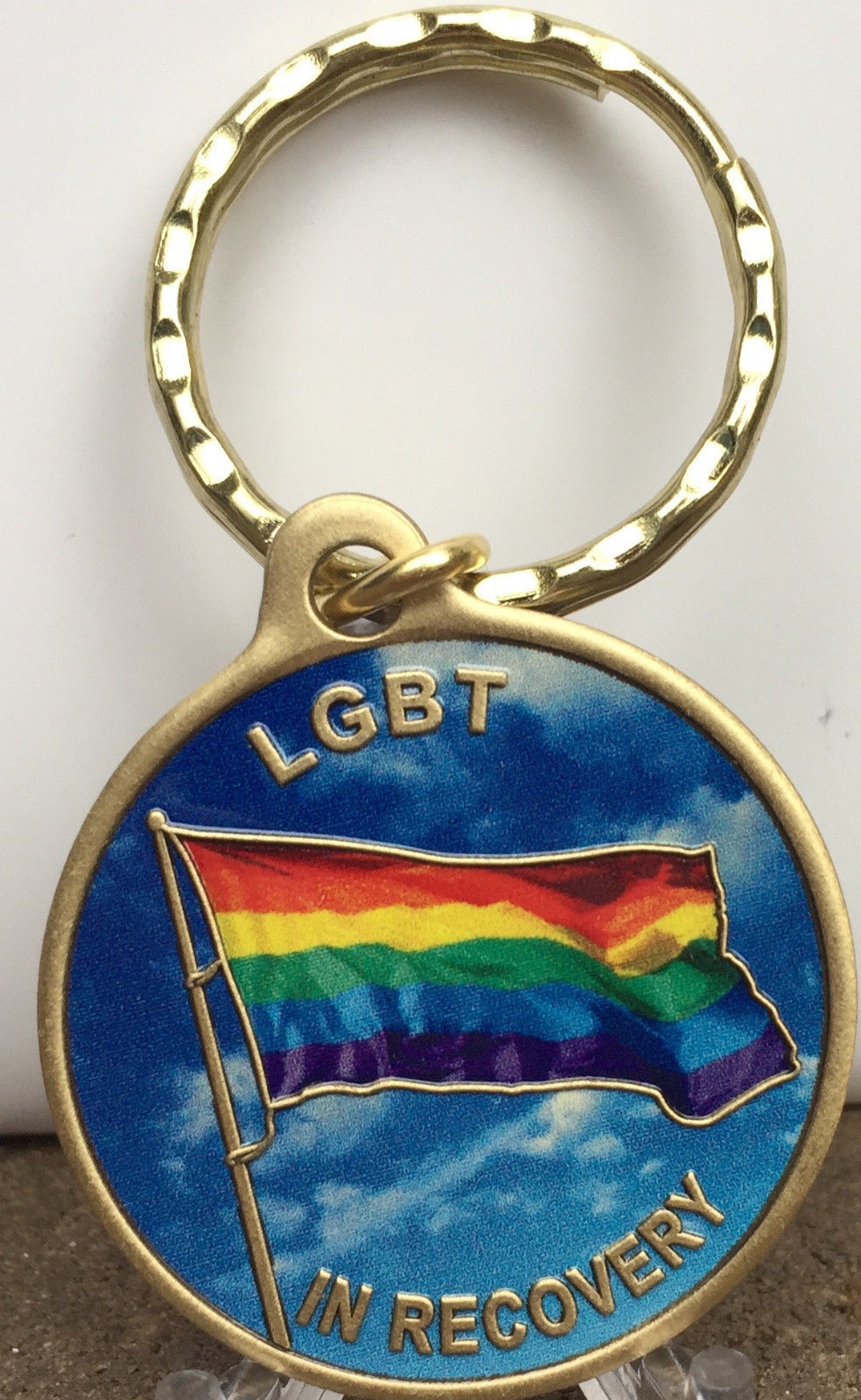 LGBT In Recovery Bronze Color Rainbow Flag Keychain Sobriety Serenity Prayer
