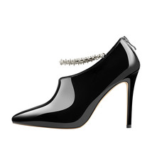 Women&#39;s  Pointed Toe Rhinestone Chain Black Patent Leather Stiletto High Heel Se - £99.05 GBP