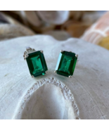 Green Emerald Shape Sapphire Earring 925 Sterling Silver Solitaire Stud ... - $626.00