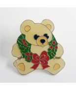 VTG White Teddy Bear Red Bow Holy Christmas Wreath Enamel Pin Swibco Taiwan - £7.61 GBP