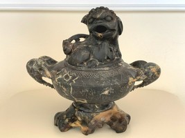 Old Chinese Carved Stone Incense Burner Censer Foo Dog Top and Elephant Handles - £230.51 GBP