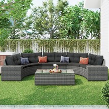 8-pieces Outdoor Wicker Round Sofa Set, Half-Moon Sectional Sets All Weather - £729.53 GBP