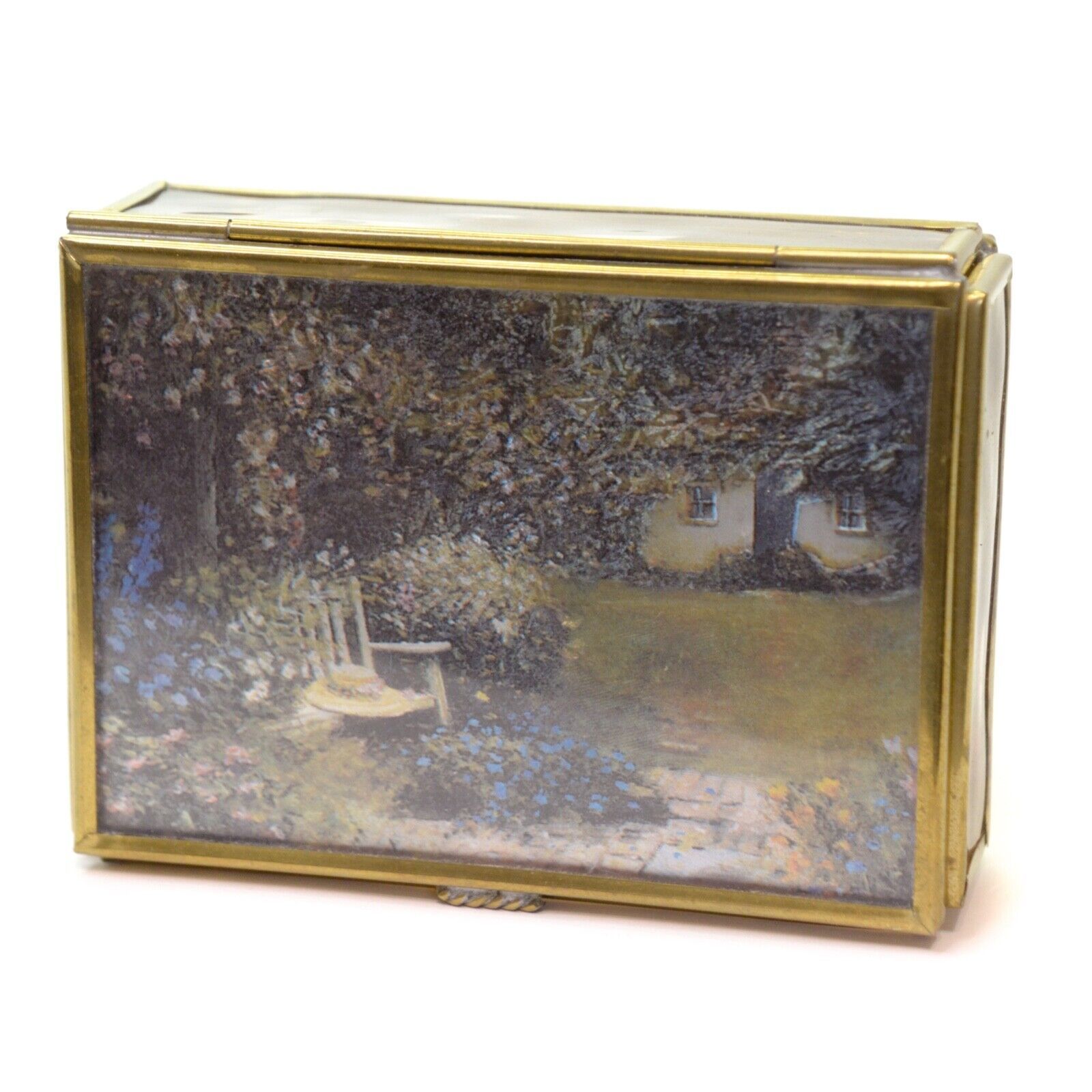 Primary image for Vintage Enesco Brass And Glass Country Scene Trinket Box Mirrored Made in Mexico