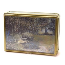 Vintage Enesco Brass And Glass Country Scene Trinket Box Mirrored Made in Mexico - $11.85