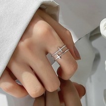 Silver Color Double Cross Flashing Zircon Open Rings for Women Student Korean In - £8.69 GBP